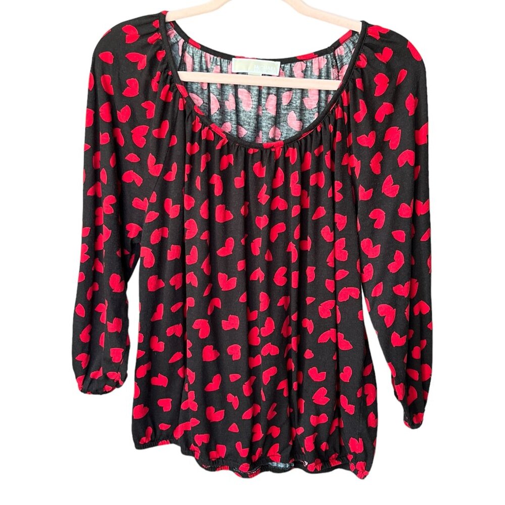 Michael Kors Womens Scoop Neck Blouse Size XL Black Red Abstract Jersey Knit